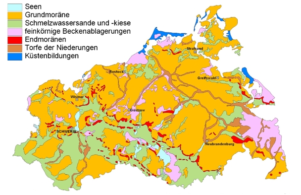 Geologische Karte der an der Oberfläche anstehenden Bildungen in M-V (nach Müller & Schütze 2003).